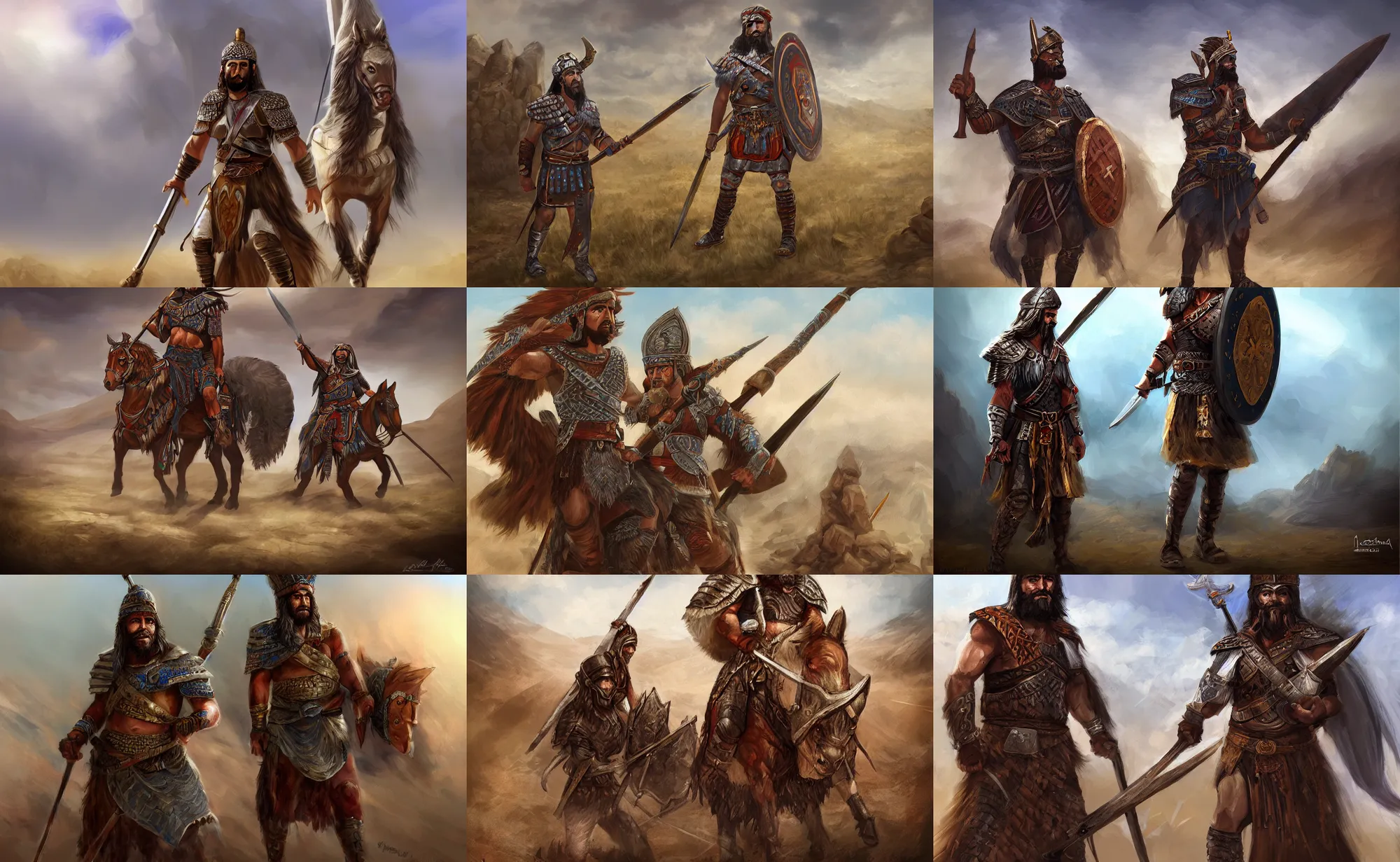 Prompt: assyrian warrior, steppe background, d&d, digital painting, hd