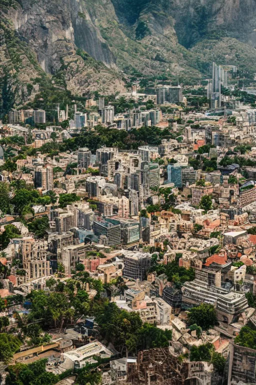 Prompt: a scenic view of a city build on and around a mountain, market and gardens, james paick, imax quality, cinematic photography, cinematic, ue 5, realistic, highly - detailed, sci - fi