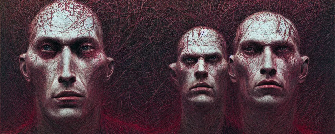 Image similar to portrait of a man in the style of android jones and zdzislaw beksinski