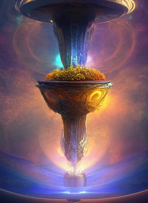 Image similar to flowers within the whole infinite capsule apparent with awe the apparition, an idea seep's into infinity highly detailed in volumetric latent space, golden turquoise steampunk, high contrast cinematic light, mystical shadows, sharp focus, divine realm of gods, octane render, artist by boris vallejo,