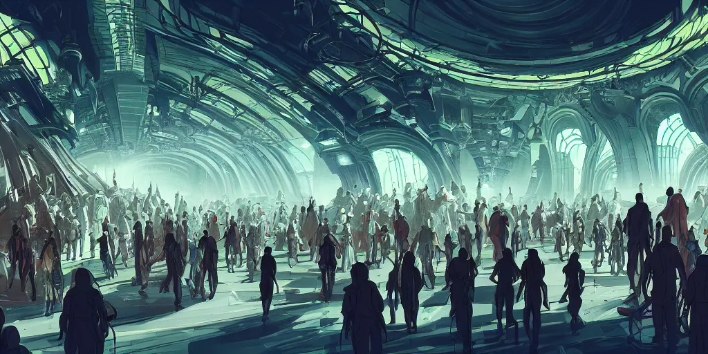 Image similar to cel shaded cinematic shot of the interior of a sci-fi space station with ornate Elven architecture bustling with people, epic castle, emerald, crystalline, detailed illustration, sharp focus, concept art