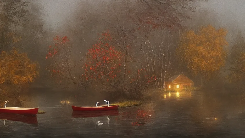 Image similar to small red wooden cottage by the lake, lanterns on the porch, smoke coming out of the chimney, dusk, birch trees, tranquility, two swans on the lake, two swans, a wooden rowing boat, by Greg Rutkowski, by Charlie Bowater