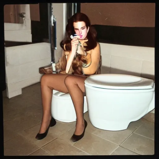 Prompt: photo of lana del rey sitting on a toilet smoking a cigar