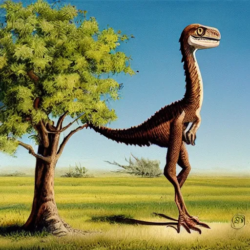 Image similar to An artwork of a velociraptor by a tree, paleo art