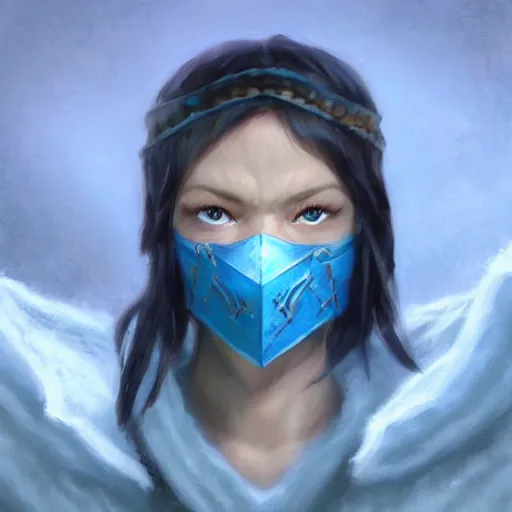 Image similar to “ fantasy snow bandit ‘ icewind dale ’ with ice blue mask, ice gem, ‘ icewind dale 2 ’ profile portrait by ‘ justin sweet ’, soft focus, illustrated, oil paint, artstation ”