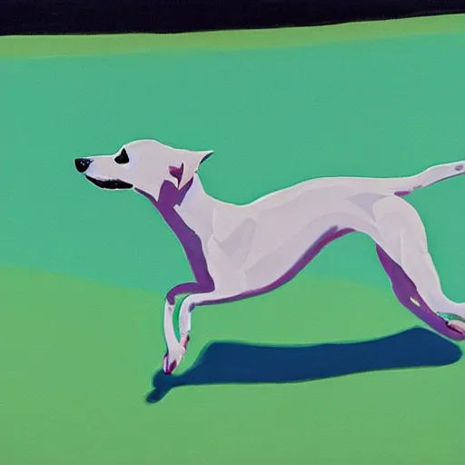 Image similar to close-up of a whippet running at beach, painting by david hockney, highly detailed