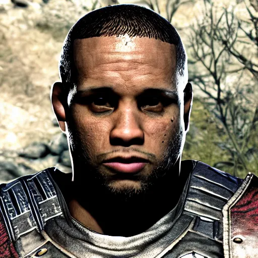 Image similar to character screenshot of ufc commentator daniel cormier dc in skyrim, warrior armor, npc talking, wilderness, 1 0 8 0 p, bokeh, elder scrolls v, detailed, dialog text