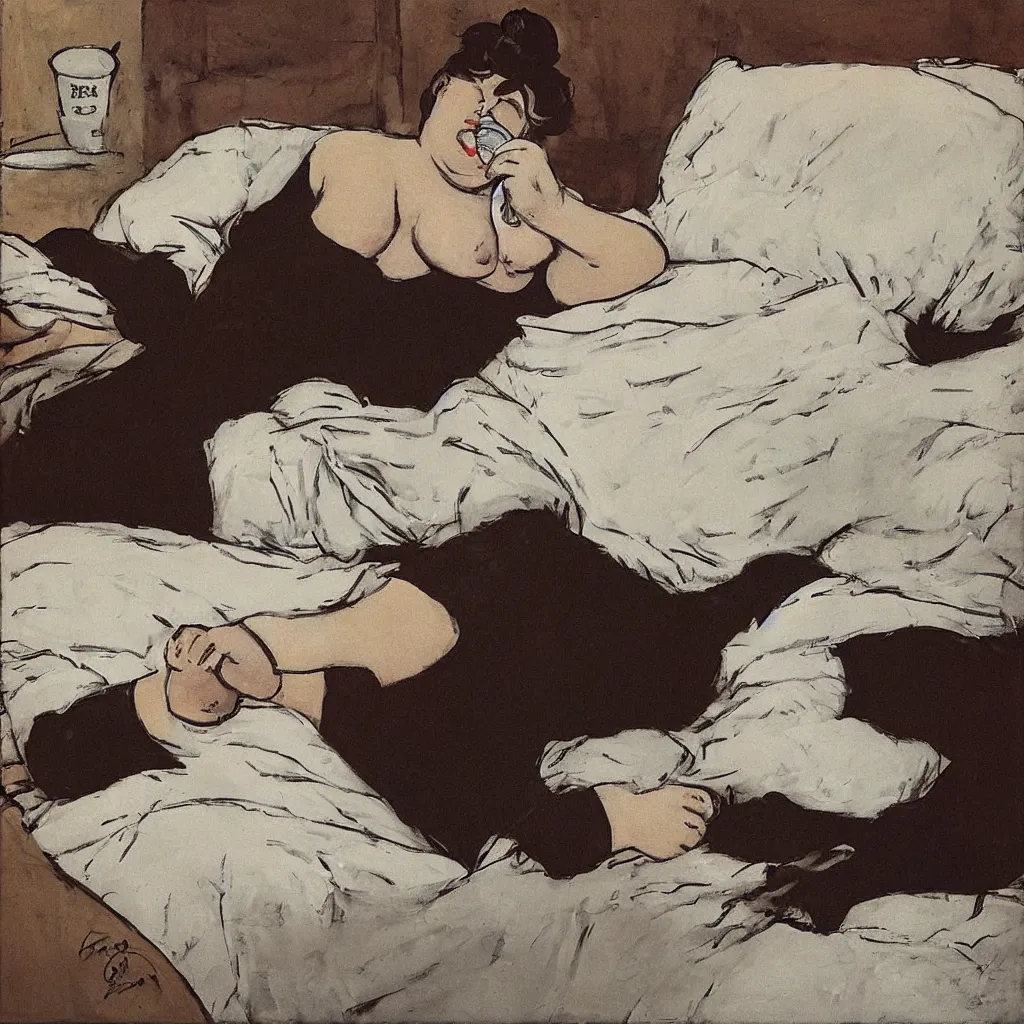 Image similar to a beautiful fat woman drinking coffee in a bed with white sheets drinking coffee in the style of telous lautrec