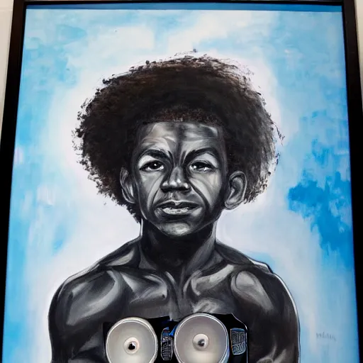 Image similar to painting of a tiny black man with long curly hair seated on a gigantic speaker, dramatic, album cover concept art, realistic, detailed, framed