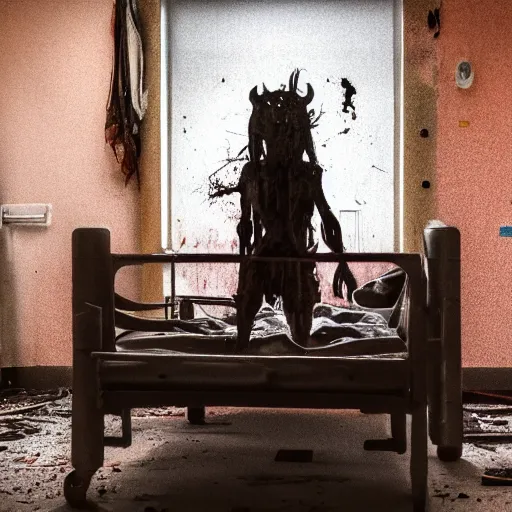 Image similar to photo of a demon strapped to a rusty old hospital bed in an abandoned hospital, real life photography, horror, biological photo, fullbody, dynamic lighting, beautiful, scary