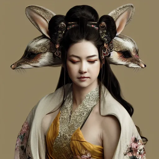 Image similar to a photorealistic dramatic fantasy render of a beautiful woman wearing a beautiful intricately detailed japanese rabbit kitsune mask and clasical japanese kimono by wlop, artgerm, greg rutkowski, alphonse mucha, beautiful dynamic dramatic dark moody lighting, shadows, cinematic atmosphere, artstation, concept design art, octane render, 8 k