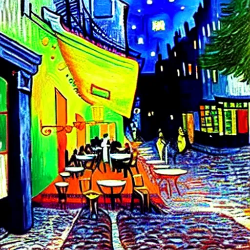 Prompt: Photo of Cafe Terrace at night by Vincent Van Gogh