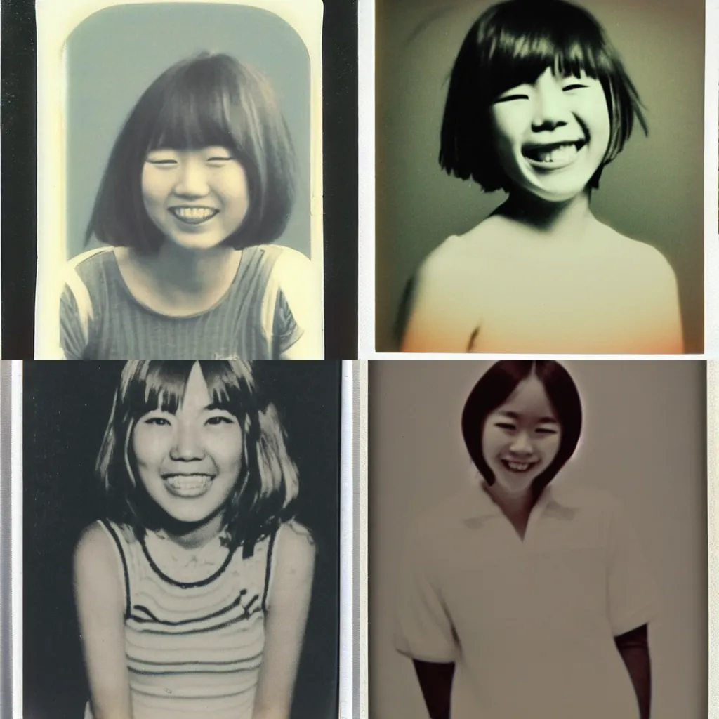 Prompt: 1970s Polaroid of a young smiling Japanese woman with crooked teeth