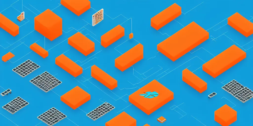 Prompt: Network of servers and computers, cloud server, ship, sea, fish, isometric view from above. Minimalistic design, contemporary design, infographics. Logo, Abstract Design. Blue, cyan and orange palette. Vivid, 8K, Epic, Masterpiece