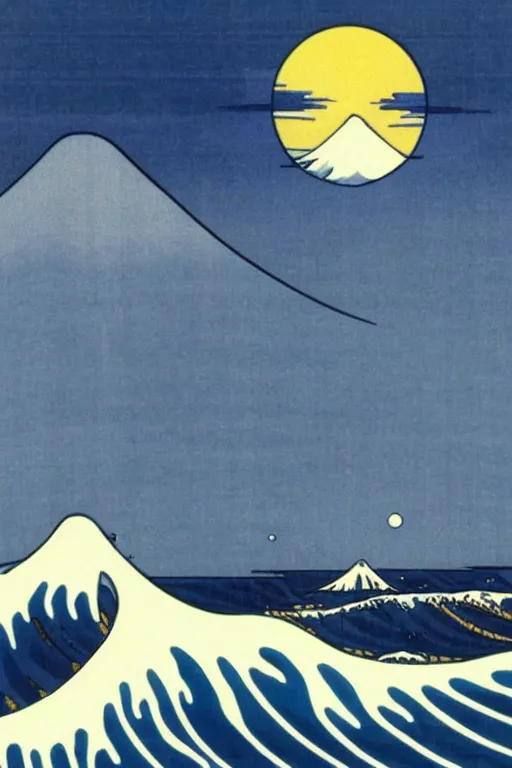 Image similar to Patrick Nagel Poster of The Great Wave off Kanagawa, White Moon in the background, Mount Fuji, box art