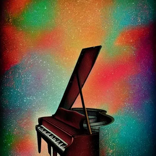 Prompt: piano guitar music notes key, bright colors, warm, in the style of charlie bowater