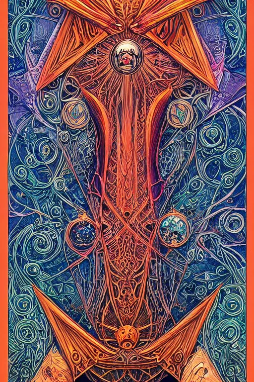 Prompt: a symmetrical tarot card by android jones, ornate border, trending on artstation