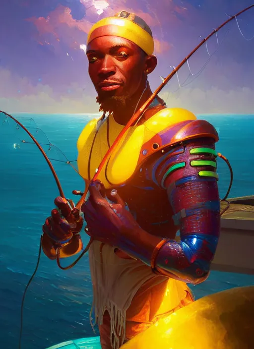 Image similar to portrait of a jamaican fisherman sci - fi glowing fishing armor muscular cyberpunk intricate elegant highly detailed digital painting artstation concept art, ocean background, jamaican colors, cinematic, greg rutkowski, loish, rhads, ferdinand knab, makoto shinkai and lois van baarle, ilya kuvshinov, rossdraws, tom bagshaw