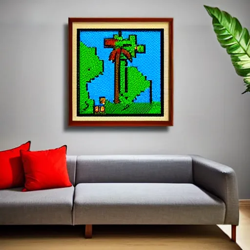 Image similar to a framed painting of a beautiful pixel art tropical landscape