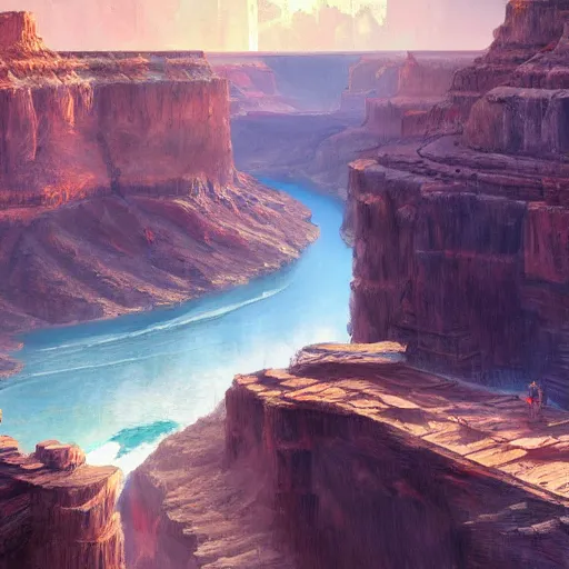 Prompt: concept art painting of a wide grand canyon with ocean inside, giant river, with unfinished bridge under construction, realistic, detailed, cel shaded, in the style of makoto shinkai and greg rutkowski and james gurney