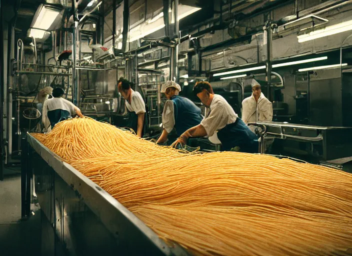 Prompt: a factory where people are processing fresh spaghetti, canon 5 0 mm, cinematic lighting, photography, retro, film, kodachrome, closeup