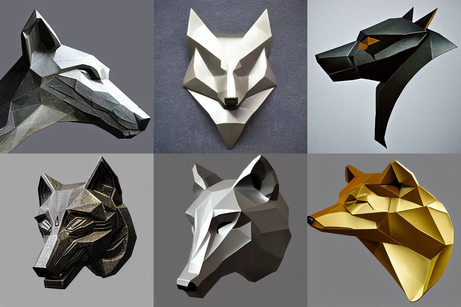 Prompt: Low poly Art Deco metal sculpture of a wolf head, flat curves, smooth bevels, amazing