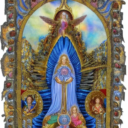 Prompt: photo of an intricately detailed representation of a accurate divine heavenly throne on a road of brilliant gemstone surround by epic angels. Colored graphite blended with colored oils miniature on vellum.