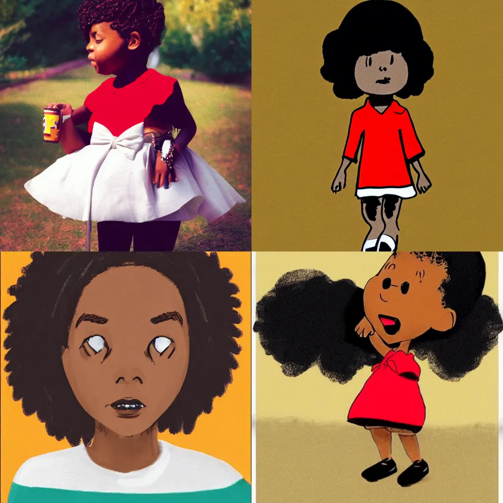 Prompt: Little black girl in style of Charles M. Schulz