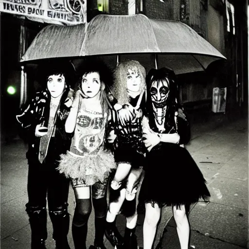 Prompt: night flash portrait photography of punk and goth kids on the lower east side by diane arbus, colorful, nighttime!, raining!