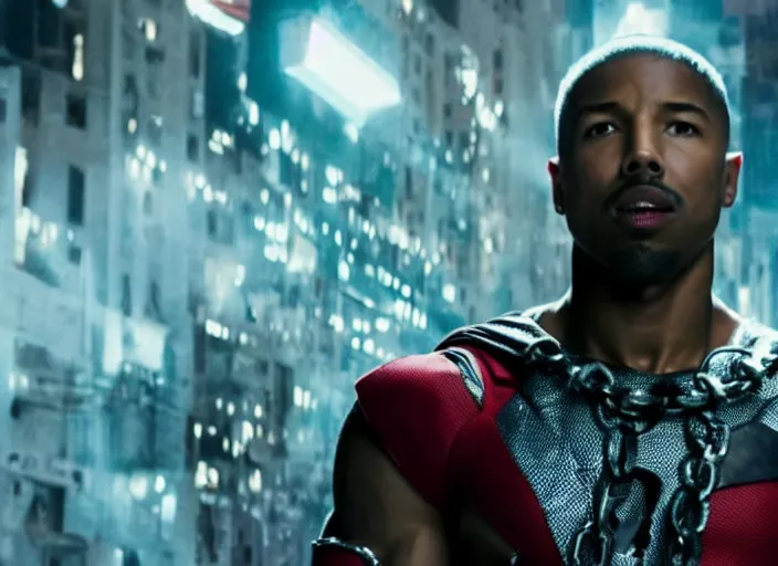 Image similar to film still of michael b jordan as spawn in the new spawn movie, giant chains, large cape, 8 k