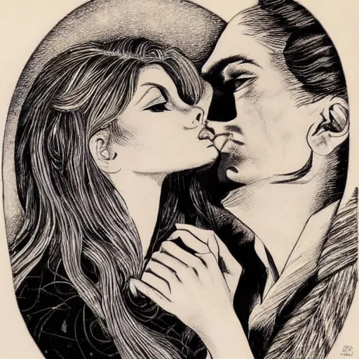 Image similar to 1 9 6 0 s drawing symmetrical pretty elegant brigitte bardot as a vampire kissing alain delon, very detailed intricate!!! intaglio, style of ( takato yamamoto )!!!, moon and stars