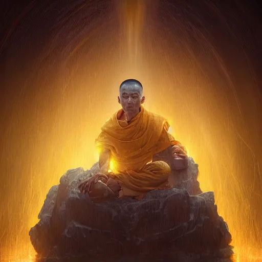 Image similar to a wise monk meditates under a waterfallto pieces with glowing yelow visor as a realistic, torso, art by james jean and greg rutkowski!!, realistic face, like fantasy, digital art, art, trending on artstation, 8 k