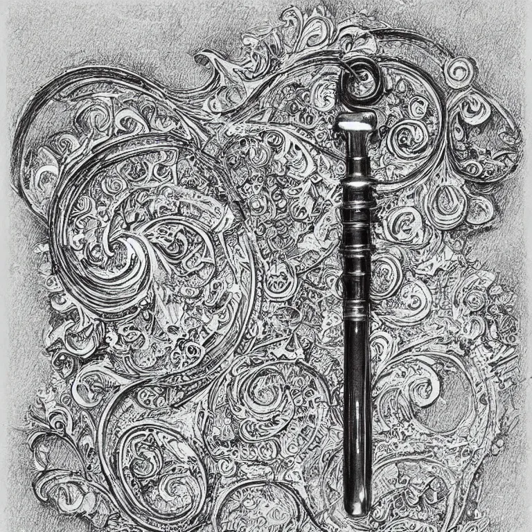 Image similar to Pen and ink drawing of an intricate key, detailed, paper, photograph