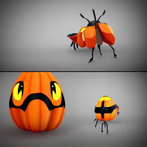 Prompt: A pokemon that looks like a A beetle with a pumpkin-like shell that causes storms when it takes off，Trending on art station. Unreal engine.