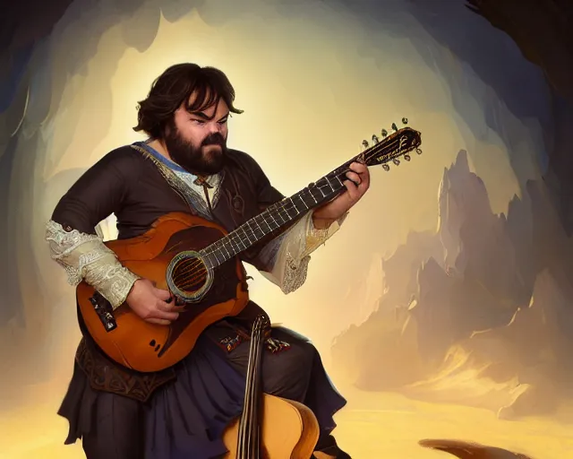 Prompt: photography of jack black as a bard with a guitar singing 8 k, deep focus, d & d, fantasy, intricate, elegant, highly detailed, digital painting, artstation, concept art, matte, sharp focus, illustration, hearthstone, art by artgerm and greg rutkowski and alphonse mucha