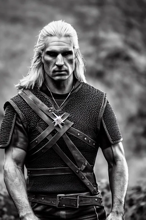 Image similar to upper body portrait of geralt of rivia, 5 5 mm lens, professional photograph, serious, stern look