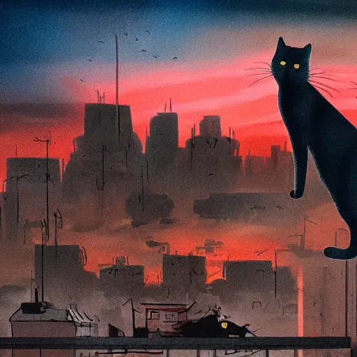 Prompt: cat watching post apocalyptic city with burning red sky