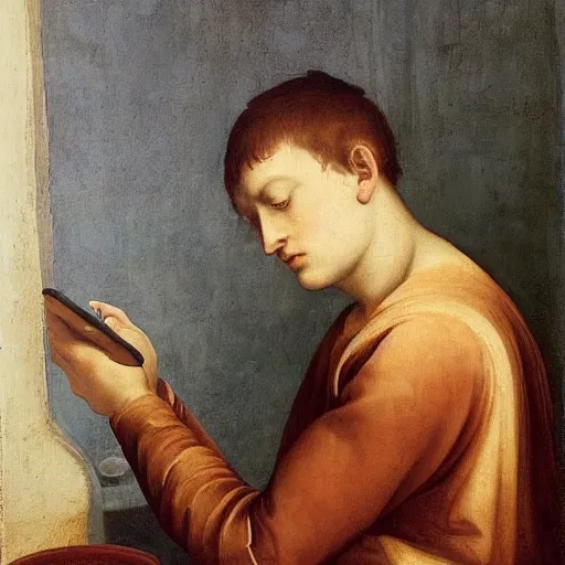 Image similar to a fully dressed thoughtful intelligent young man sitting on a fully visible white ceramic toilet attentively staring at his smartphone, distant thoughtful look, renaissance painting