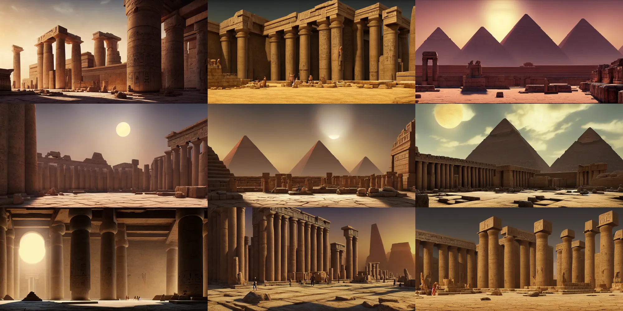 Prompt: beautiful ancient egyptian temple, interior, photorealistic, dark atmospheric lighting, ultrawide establishing shot, octane render, rtx, hdr, unreal engine, widescreen 8 k, studio ghibli, pixar, disney, prince of egypt, greg rutkowski, artstation, artgerm