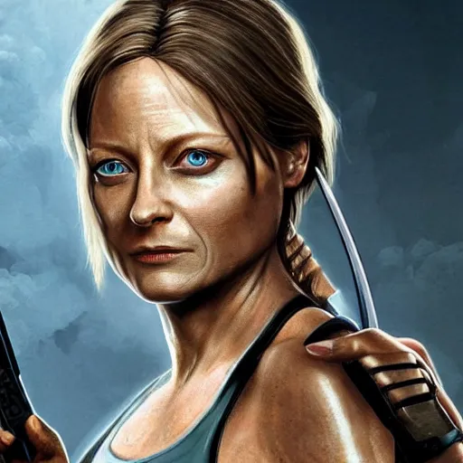 Image similar to jodie foster as lara croft, 8 k, realistic, high detail, hd face