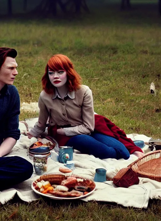 Image similar to emma stone having a picnic with tom holland, faded color film, russian cinema, tarkovsky, kodachrome, old clothing, heavy fog, 4 k, dramatic lighting, greg rutkowski