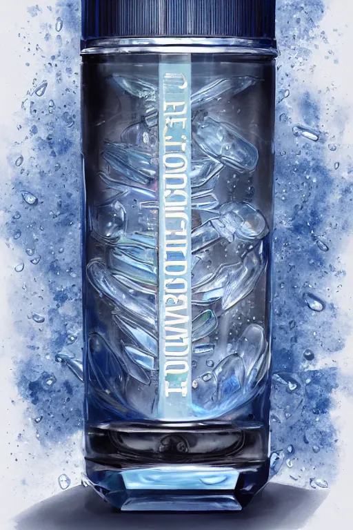 Prompt: concept art of a audemars piguet blue iridescent liquid dietary supplement in a transparent bottle with big black sticker on it by aenaluck, artgerm and roberto ferri and greg rutkowski, blue and white tones, digital painting, artstation, concept art, smooth, sharp foccus ilustration hq