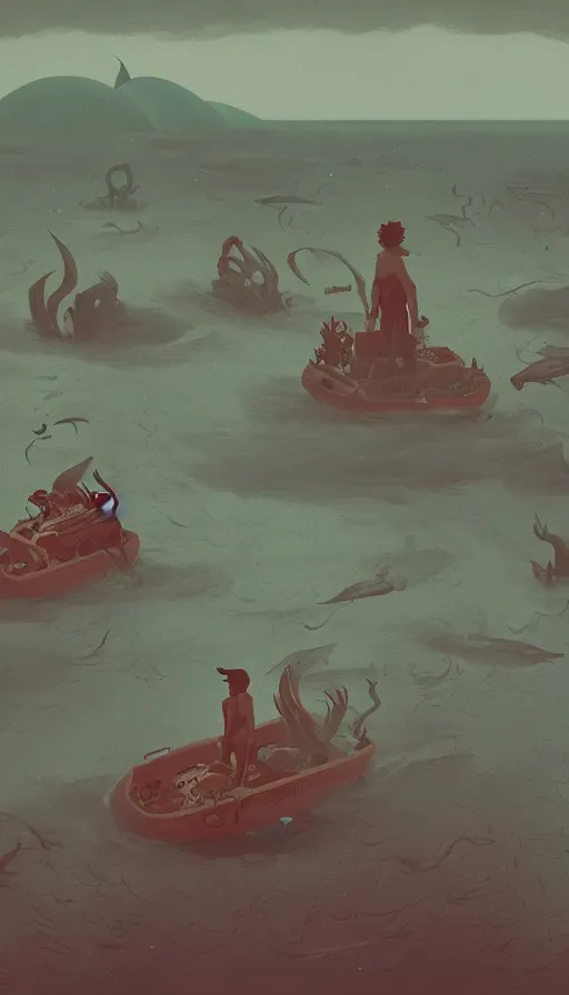 Image similar to man on boat crossing a body of water in hell with creatures in the water, sea of souls, by simon stalenhag