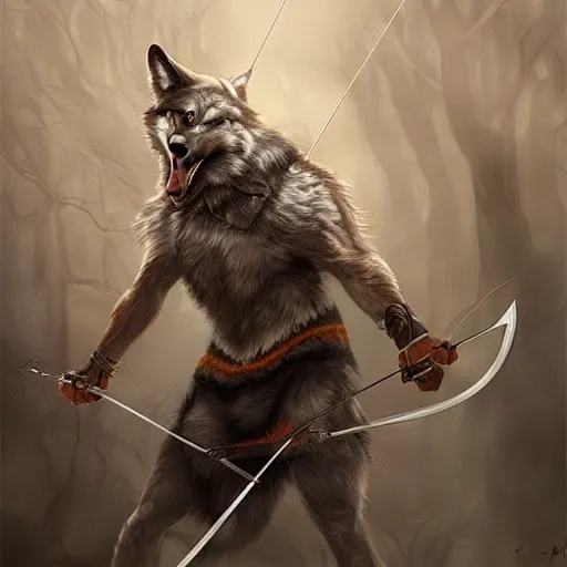 Image similar to A Wolf Archer, digital art, award winning, artstation, masterpiece, very detailed, oil painting