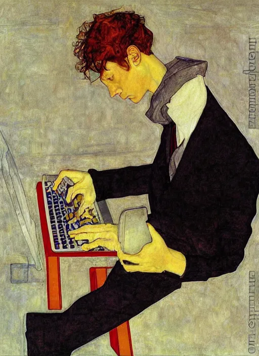 Prompt: creative coder with a computer, by egon schiele and quint buchholz, portrait, colorfull, detail