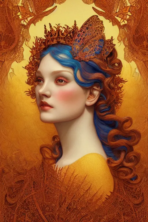 Image similar to portrait of an eleven queen with lace wings by artgerm, mandala, rococo, vivid color, complementary color, golden ratio, detailed, sharp lines, sharp focus, intricate, rainbowshift, by maxfield parrish, by peter mohrbacher, by gustave dore, by alphonse mucha, deviantart, octane render