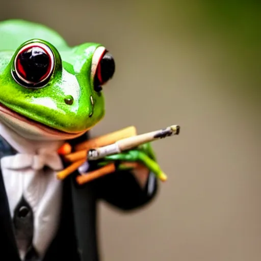 Image similar to a high detail closeup shot of a frog wearing a suit 👔,and smoking a cigarrette🚬