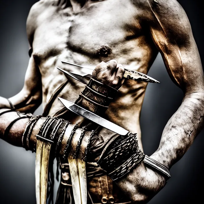 Image similar to photo of a warrior with bone blades coming out of forearm, highly detailed, 4 k, hdr, smooth, sharp focus, high resolution, award - winning photo