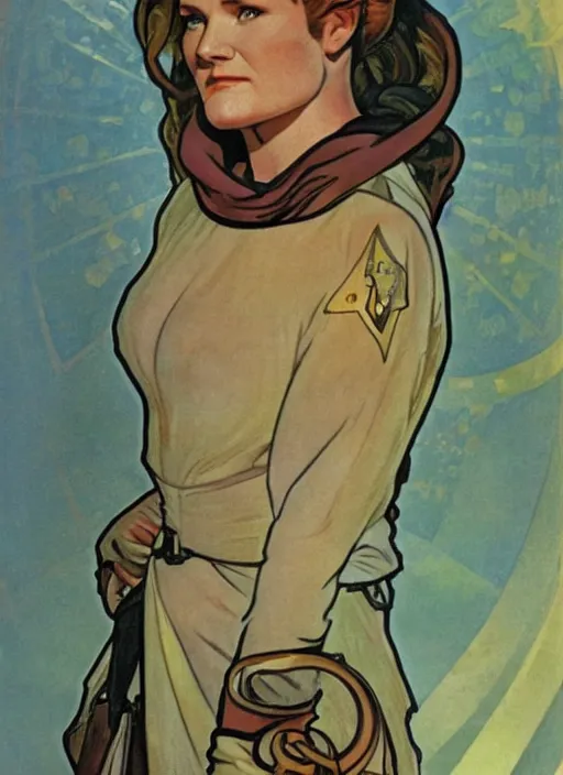 Prompt: captain janeway from star trek voyager, a still from star trek voyager painted by alphonse mucha. clear highly detailed face, beautiful sci fi art