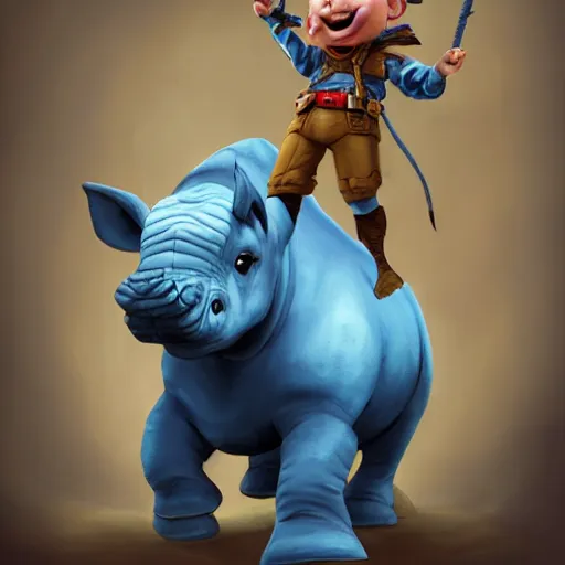 Prompt: A adorable whimsical blue rhino wearing adventurer's clothing, expressive pose, highly detailed, digital painting, artstation, concept art, smooth, sharp focus, studio light, by Justin Gerard,